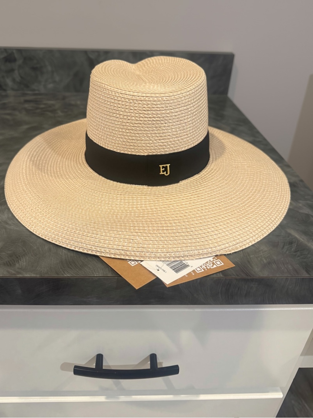 Eric Javits Sun Hat with Black Band and Gold EJ logo